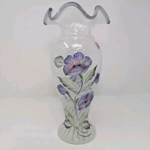 Fenton Vase Opalescent Swirl Purple Flower Hand Painted Vase